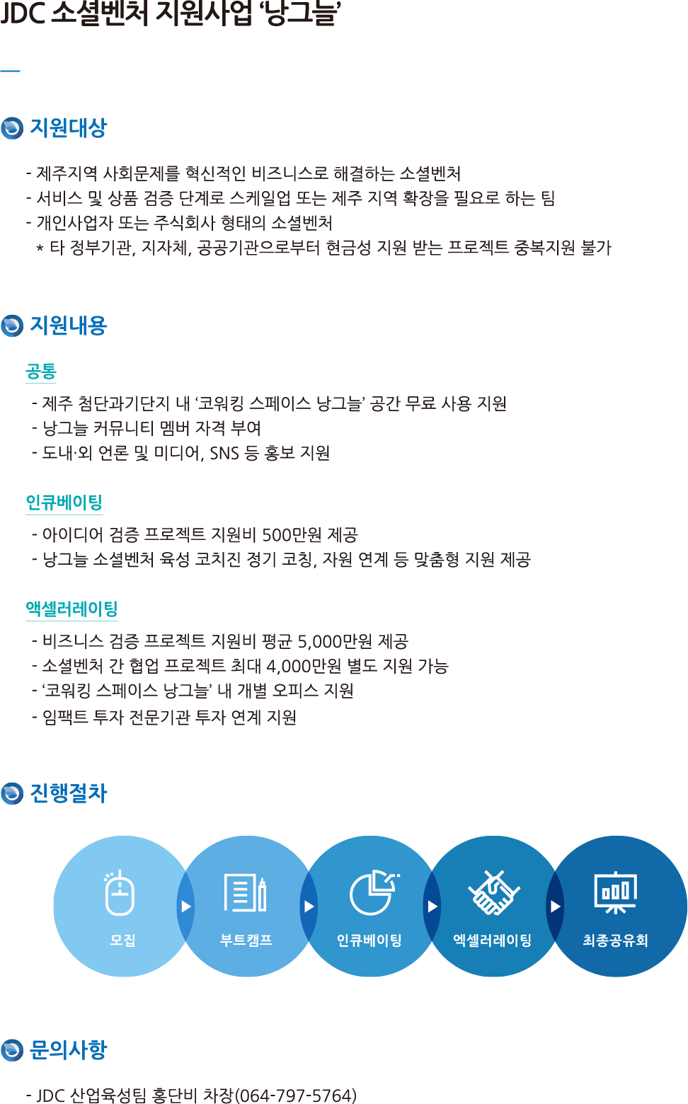 JDC 소셜벤처 지원사업 낭그늘에 대한 안내사항이며 자세한 사항은 JDC 산업육성팀 홍단비 차장(064-797-5764)로 연락 바랍니다.