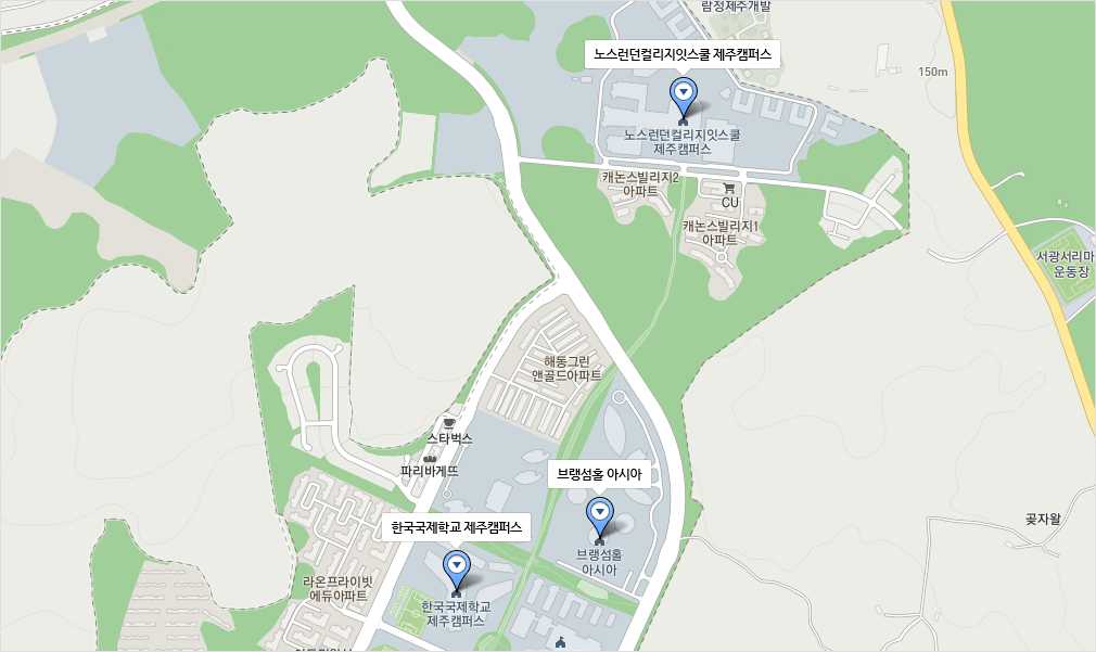 국제학교 지도(노스런던컬리지잇스쿨 제주캠퍼스(위치:제주도 서귀포시 대정읍 글로벌에듀로 145번길 33), 브랭섬홀 아시아(위치:제주도 서귀포시 대정읍 글로벌에듀로 234), 한국국제학교 제주캠퍼스(위치:제주도 서귀포시 대정읍 글로벌에듀로 148))