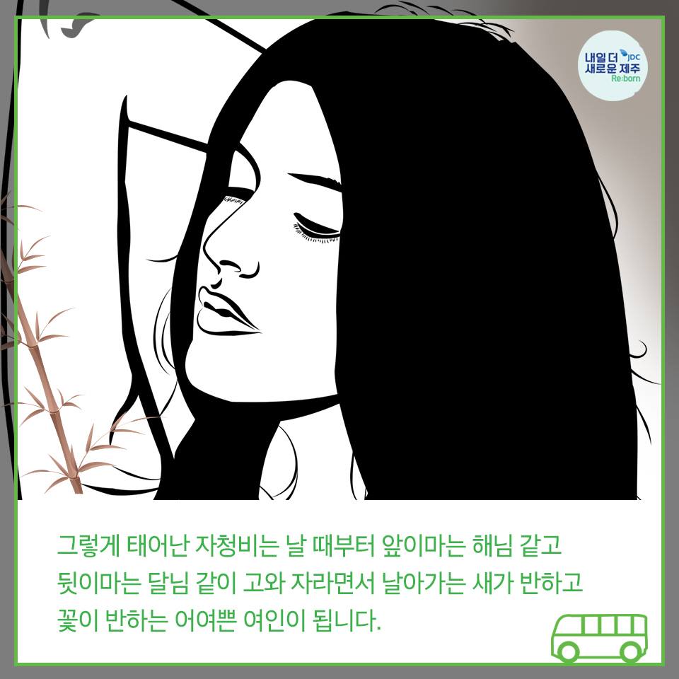 그렇게 태어난 자청비는 날 때부터 앞이마는 해님같고 뒷이마는 달님 같이 고와 자라면서 날아가는 새가 반하고 꽃이 반하는 어여쁜 여인이 됩니다.