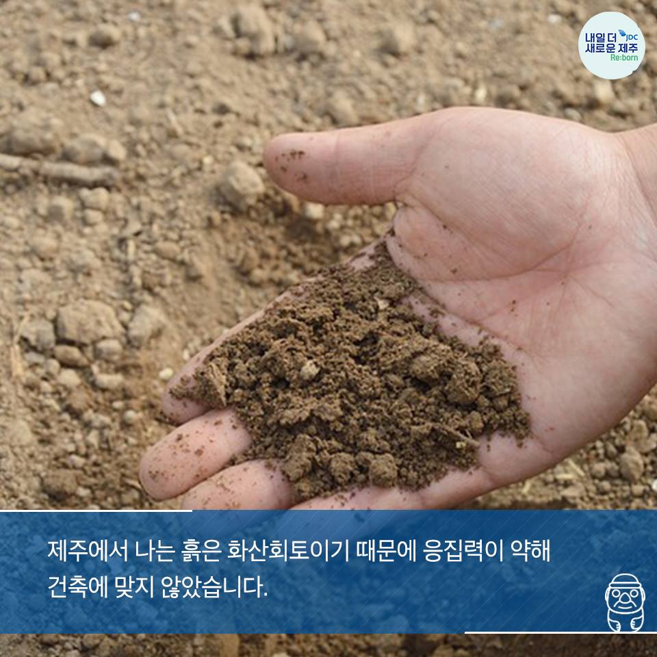 제주에서 나는 흙은 화산회토이기 때문에 응집력이 약해 건축에 맞지 않습니다.